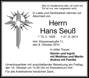 Traueranzeige von Hans Seuß von Frankenpost
