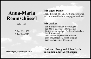 Traueranzeige von Anna-Maria Reumschüssel von Südthüringer Presse