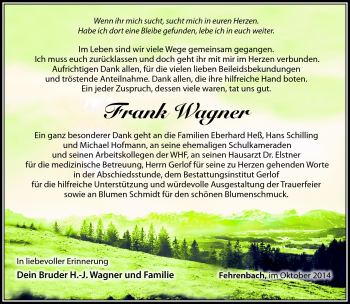 Traueranzeige von Frank Wagner von Südthüringer Presse