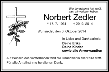 Traueranzeige von Norbert Zedler von Frankenpost