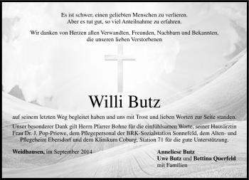 Traueranzeige von Willi Butz von Neue Presse Coburg