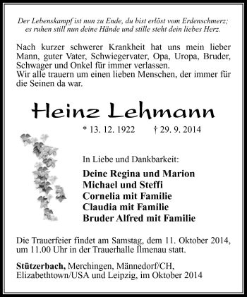 Traueranzeige von Heinz Lehmann von Südthüringer Presse