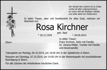 Traueranzeige von Rosa Kirchner von Neue Presse Coburg