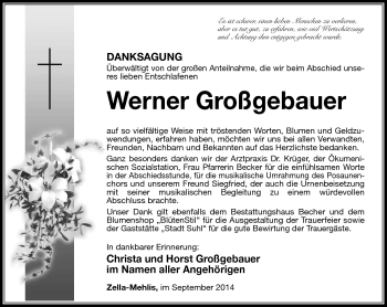 Traueranzeige von Werner Großgebauer von Südthüringer Presse