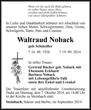 Traueranzeige von Waltraud Noback von Südthüringer Presse