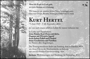 Traueranzeige von Kurt Hertel von Südthüringer Presse