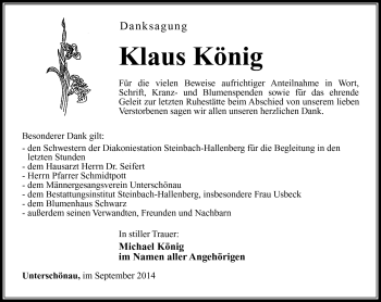 Traueranzeige von Klaus König von Südthüringer Presse