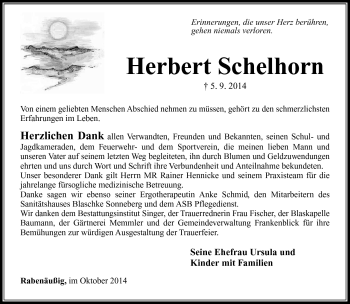 Traueranzeige von Herbert Schelhorn von Südthüringer Presse