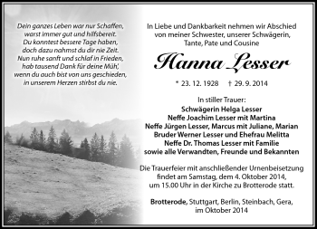 Traueranzeige von hanna Lesser von Südthüringer Presse