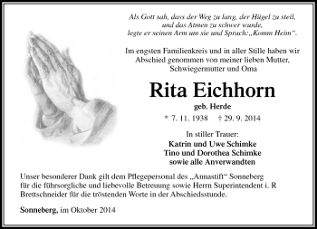 Traueranzeige von Rita Eichhorn von Südthüringer Presse