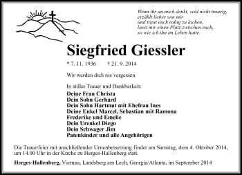 Traueranzeige von Siegfried Giessler von Südthüringer Presse