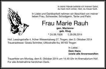 Traueranzeige von Marie Rauh von Frankenpost