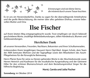 Traueranzeige von Ilse Fischer von Südthüringer Presse