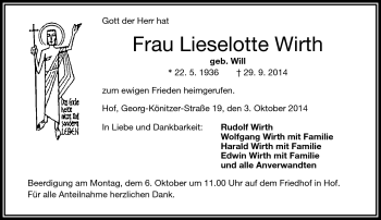 Traueranzeige von Lieselotte Wirth von Frankenpost