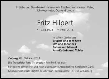 Traueranzeige von Fritz Hilpert von Neue Presse Coburg