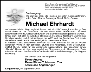 Traueranzeige von Michael Ehrhardt von Südthüringer Presse