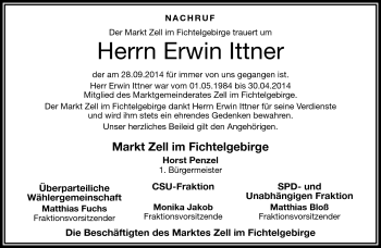 Traueranzeige von Erwin Ittner von Frankenpost