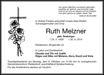 Traueranzeige von Ruth Melzner von Frankenpost