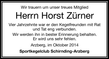 Traueranzeige von Horst Zürner von Frankenpost