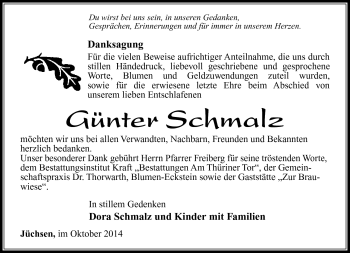 Traueranzeige von Günter Schmalz von Südthüringer Presse