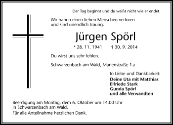 Traueranzeige von Jürgen Spörl von Frankenpost