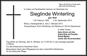 Traueranzeige von Sieglinde Winterling von Frankenpost