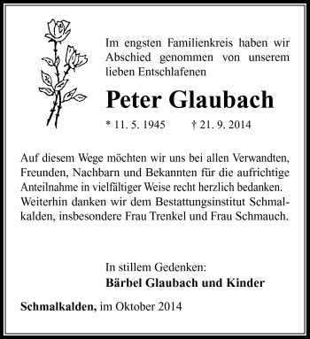 Traueranzeige von Peter Glaubach von Südthüringer Presse