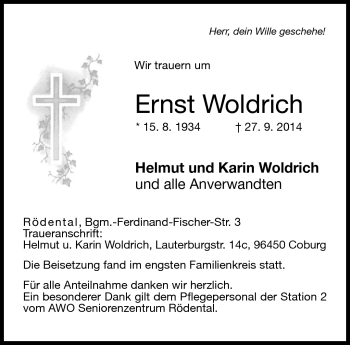Traueranzeige von Ernst Woldrich von Neue Presse Coburg