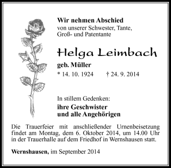 Traueranzeige von Helga Leimbach von Südthüringer Presse