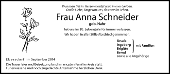 Traueranzeige von Anna Schneider von Neue Presse Coburg