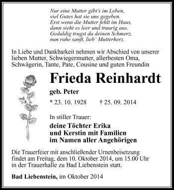 Traueranzeige von Frieda Reinhardt von Südthüringer Presse