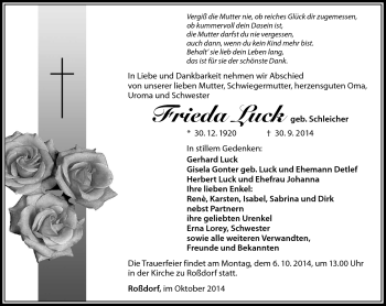 Traueranzeige von Frieda Luck von Südthüringer Presse