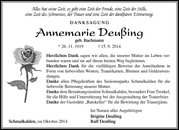 Traueranzeige von Annemarie Deußing von Südthüringer Presse