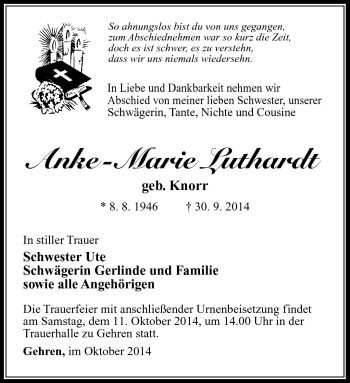 Traueranzeige von Anke-Marie Luthardt von Südthüringer Presse
