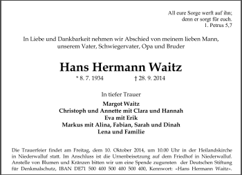 Traueranzeige von Hans Hermann Waitz von Südthüringer Presse