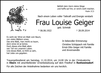 Traueranzeige von Louise Geiger von Neue Presse Coburg