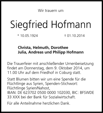 Traueranzeige von Siegfried Hofmann von Neue Presse Coburg