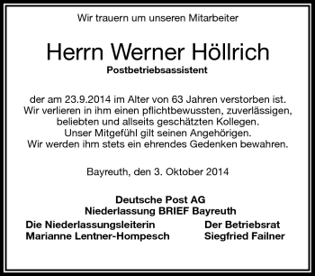 Traueranzeige von Werner Höllrich von Frankenpost