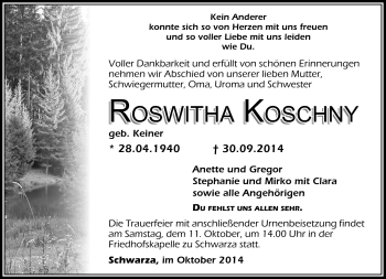 Traueranzeige von Roswitha Koschny von Südthüringer Presse