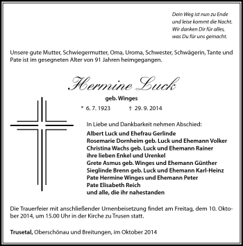 Traueranzeige von hermine Luck von Südthüringer Presse