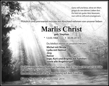Traueranzeige von Marlis Christ von Südthüringer Presse