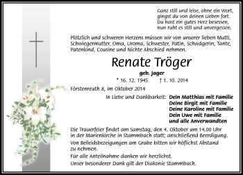Traueranzeige von Renate Tröger von Frankenpost