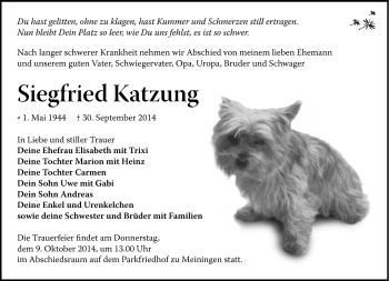 Traueranzeige von Siegfried Katzung von Südthüringer Presse