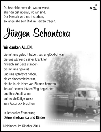 Traueranzeige von Jürgen Schantorra von Südthüringer Presse