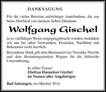 Traueranzeige von Wolfgang Gischel von Südthüringer Presse