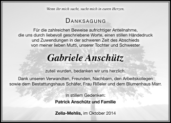 Traueranzeige von Gabriele Anschütz von Südthüringer Presse