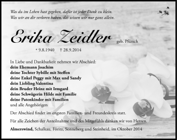 Traueranzeige von Erika Zeidler von Südthüringer Presse