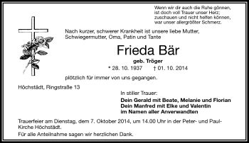 Traueranzeige von Frieda Bär von Frankenpost