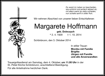 Traueranzeige von Margarete Hoffmann von Frankenpost