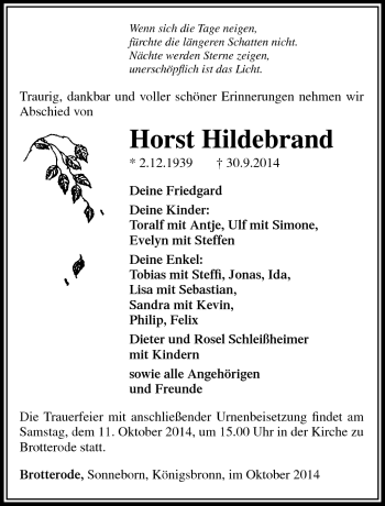 Traueranzeige von Horst Hildebrand von Südthüringer Presse